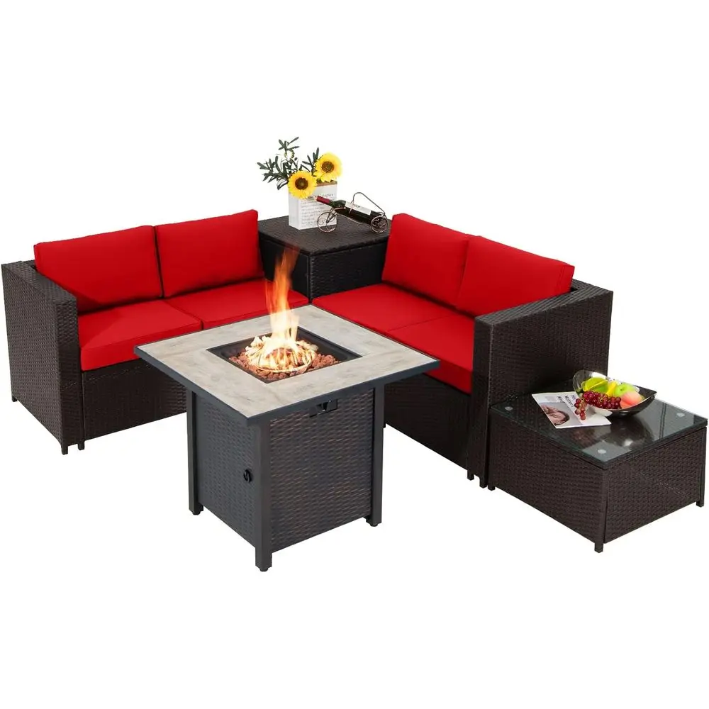 5-Piece Outdoor Wicker Sectional Sofa Set with Storage and 30 Gas Fire Pit Table