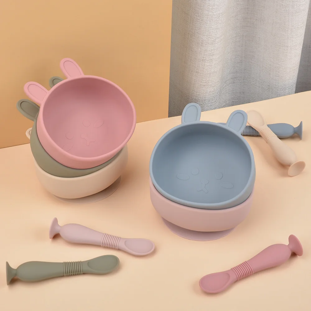 BPA Free Rabbit Silicone Bowl for Baby Silicone Baby Feeding Bowl Tableware Waterproof Spoon Non-Slip Crockery Bowl