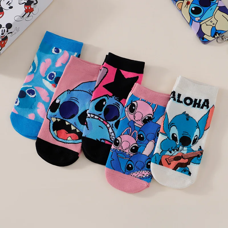 

5 Pairs New Fashionable Cartoon Anime Stitch Pattern Couple Short Socks Lightweight Breathable Casual Knitted Short Socks