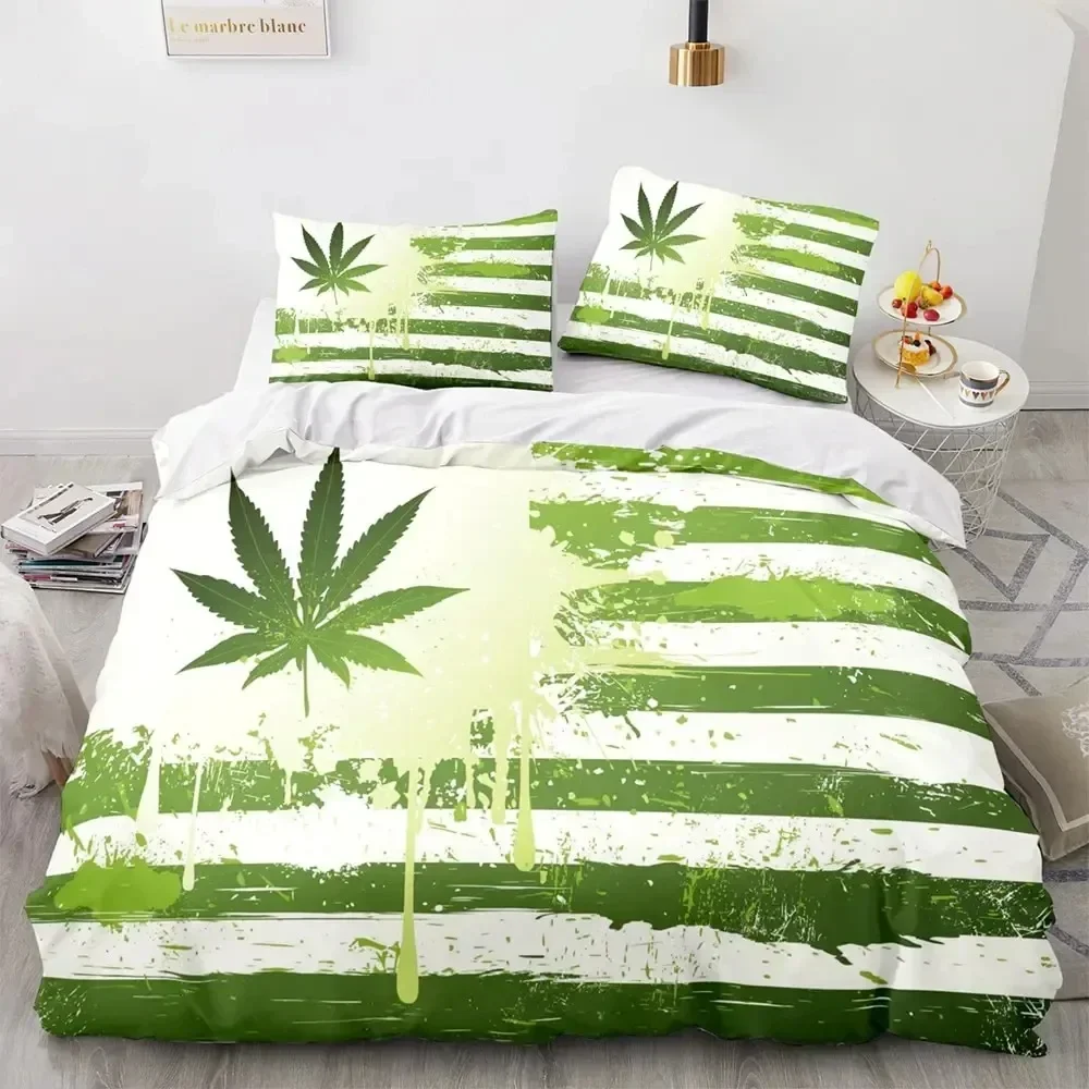 Marijuana Weed Leaf King Queen Duvet Cover Green Maple Leaves Bedding Set for Adults Palm Leaves Polyester Quilt Cover