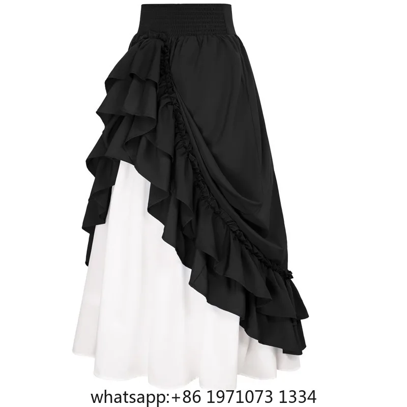 Casual Dual Layer Skirt Button Renaissance Costume Women Back Double Ruffle Long Shirring Skirt Waist Elastic Band Maxi Length