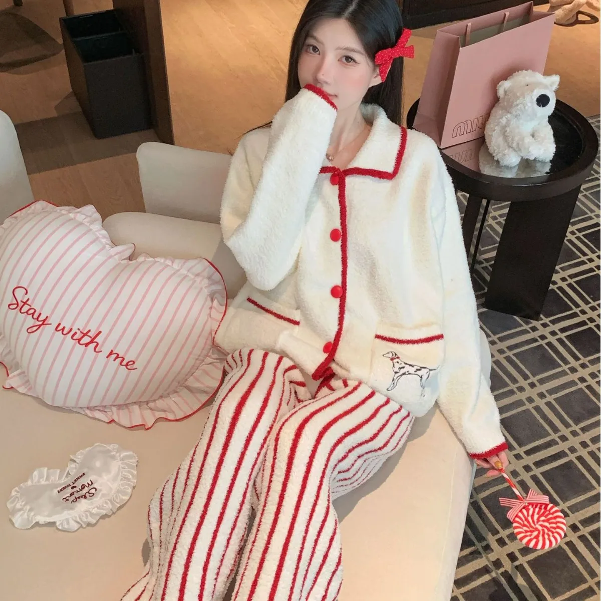 Korean version sweet puppy striped half flannel pajamas for women's autumn winter new casual home suit set can be worn outside