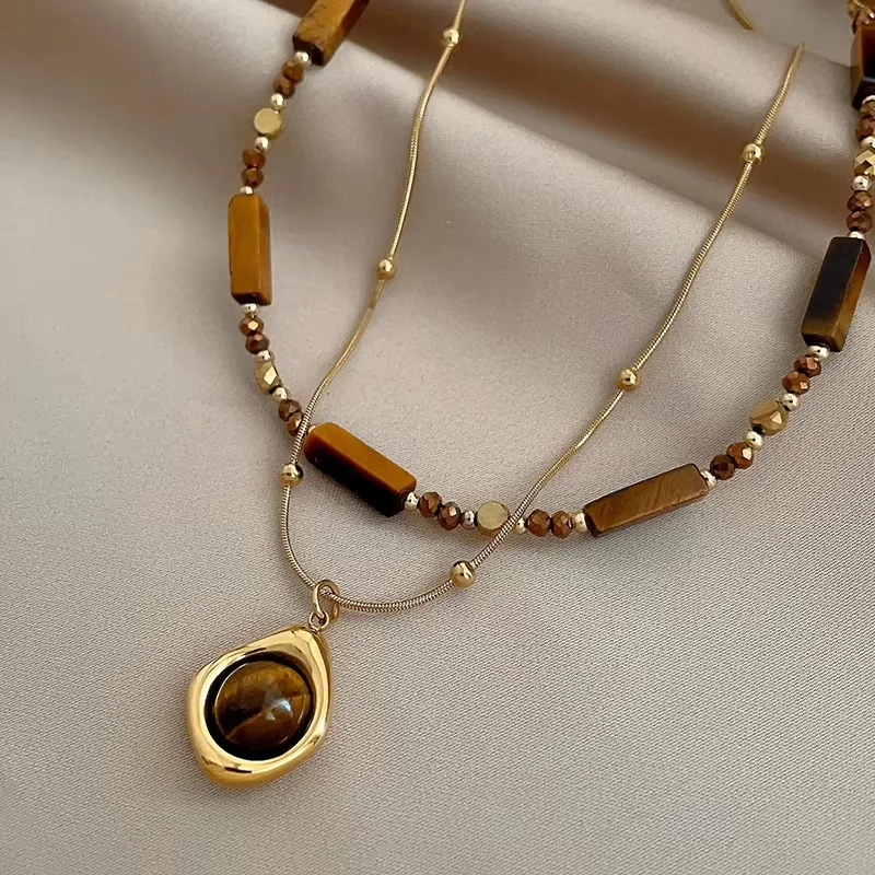 2Pcs Tiger Eye Necklace Set Irregular Strip Tiger Eye Bead Water Drop Tiger Eye Pendant Gold Snake Chain Bohemian Women's Jewelr
