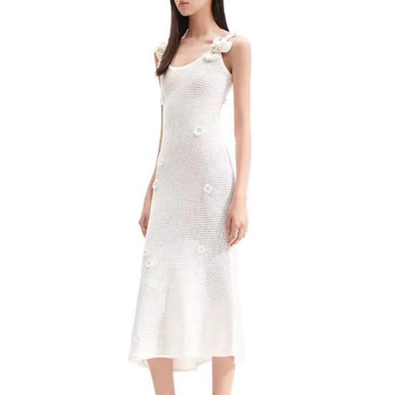 

Women's new suspender knitted dress hook flower decoration hollow evening party midi robe