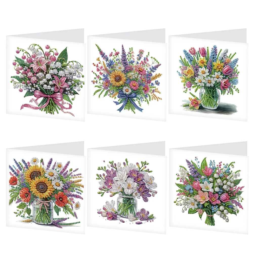 6Pcs Diamond Painting Greeting Cards Kits,Flower Bouquet DIY Diamond Art Crafts With Envelopes Diamond Cards For Celebrations