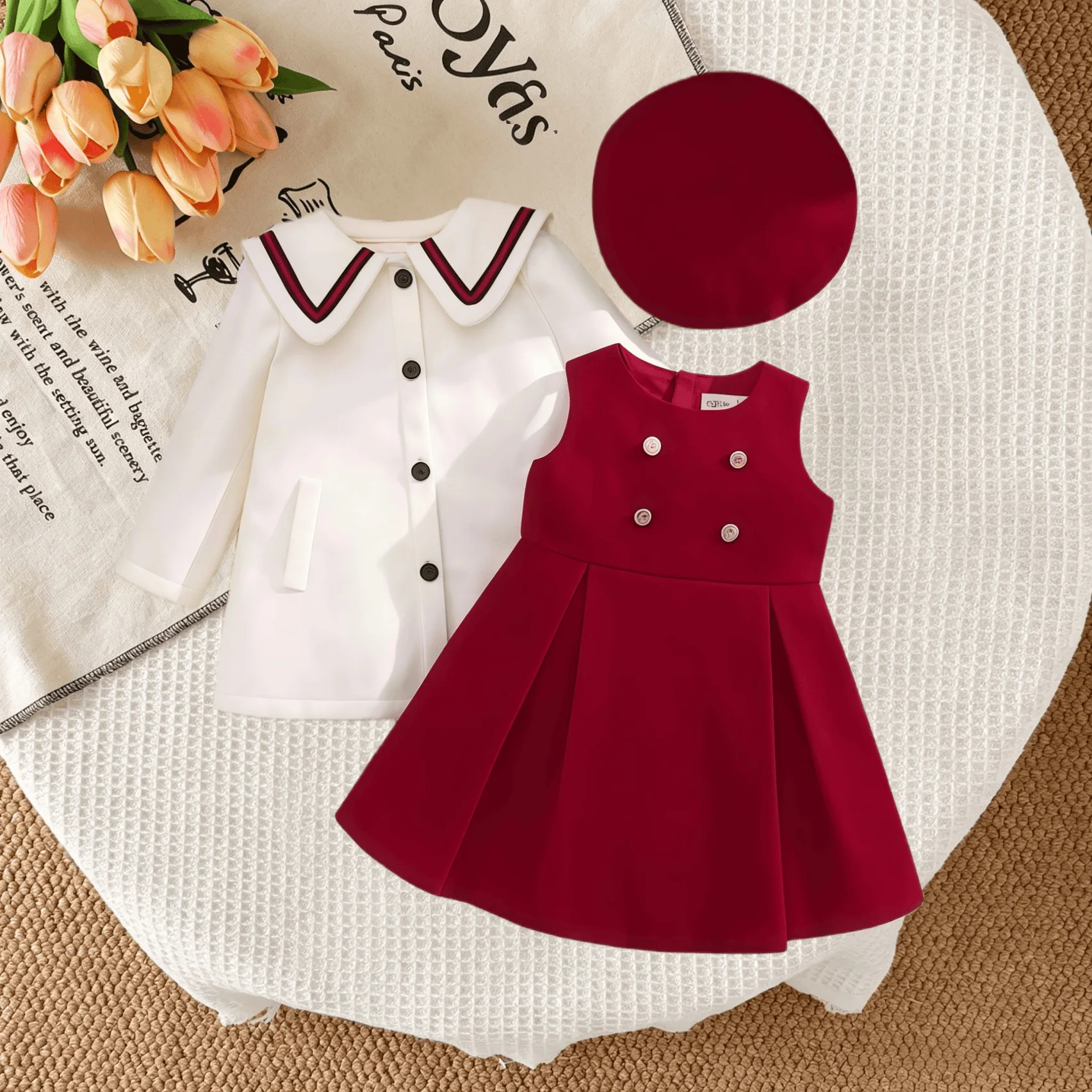 Girl Spring and Autumn Christmas Red Temperament Dress Patchwork Turn-down Collar Cardigan Hat Three Piece Set
