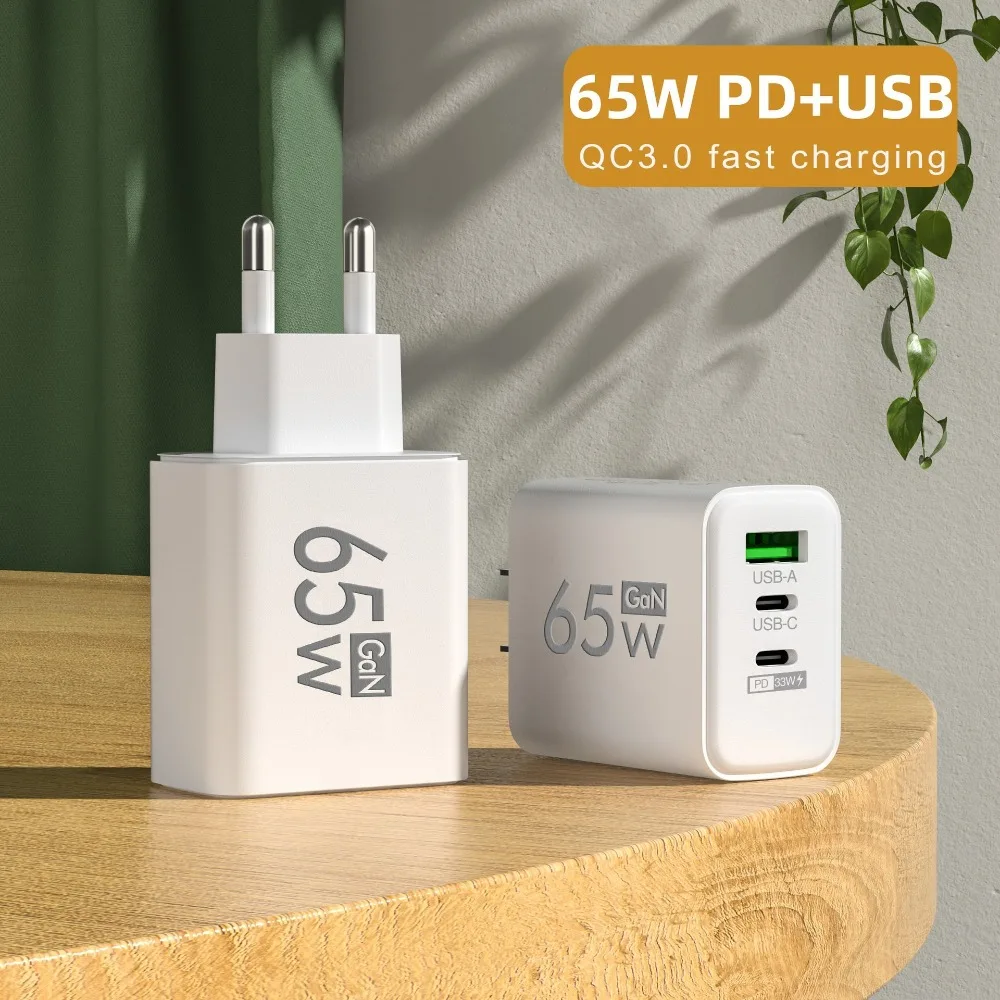 65W GaN USB Charger 3 Ports Quick Charge 3.0 Fast Charging Wall Charger EU/US Plug USB Type C for Samsung/Xiaomi/Huawei