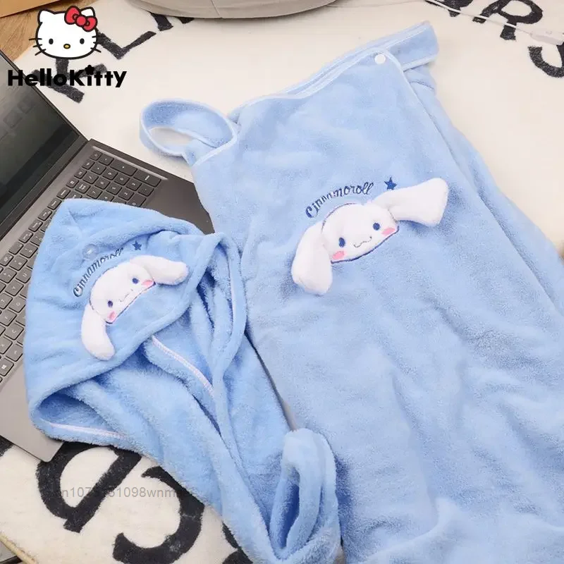 Sanrio Cinnamoroll Bath Towel for Women, Adult Wearable Fluffy Towel, Y2k Embroidered Cartoon Plush Fuzzy Bath Skirt Wash Set