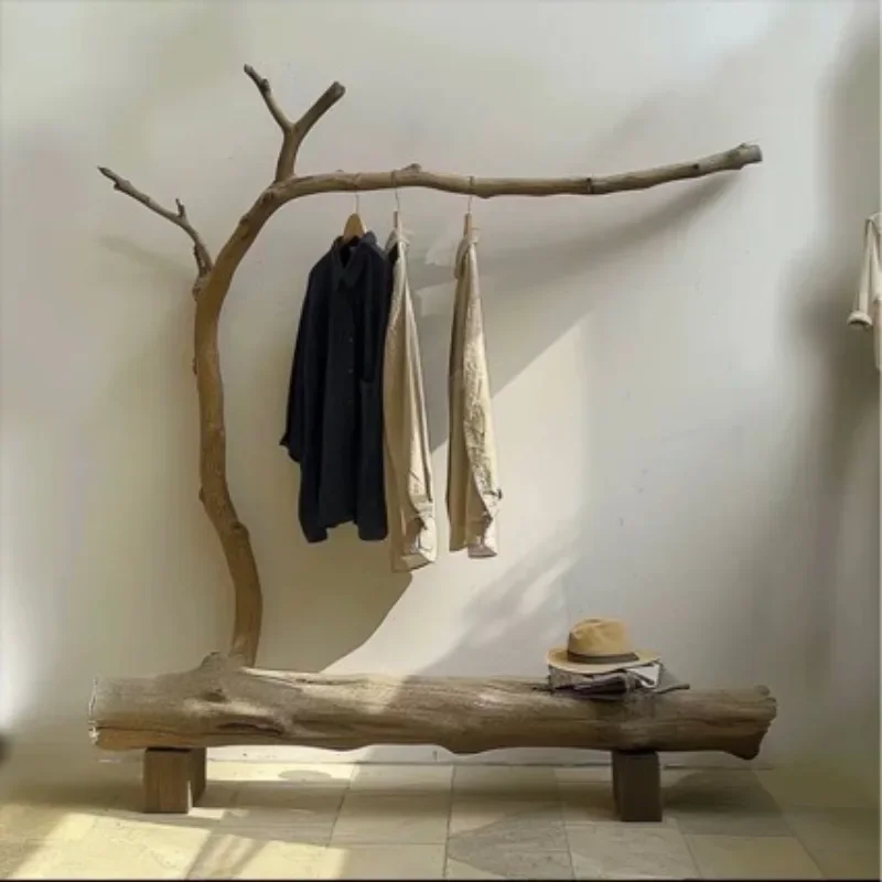 Wabi Sabi Wind Coat Rack Log Design Hanging Rack Simple and Practical Bedroom Cloakroom Solid Wood Design Hanging Rack