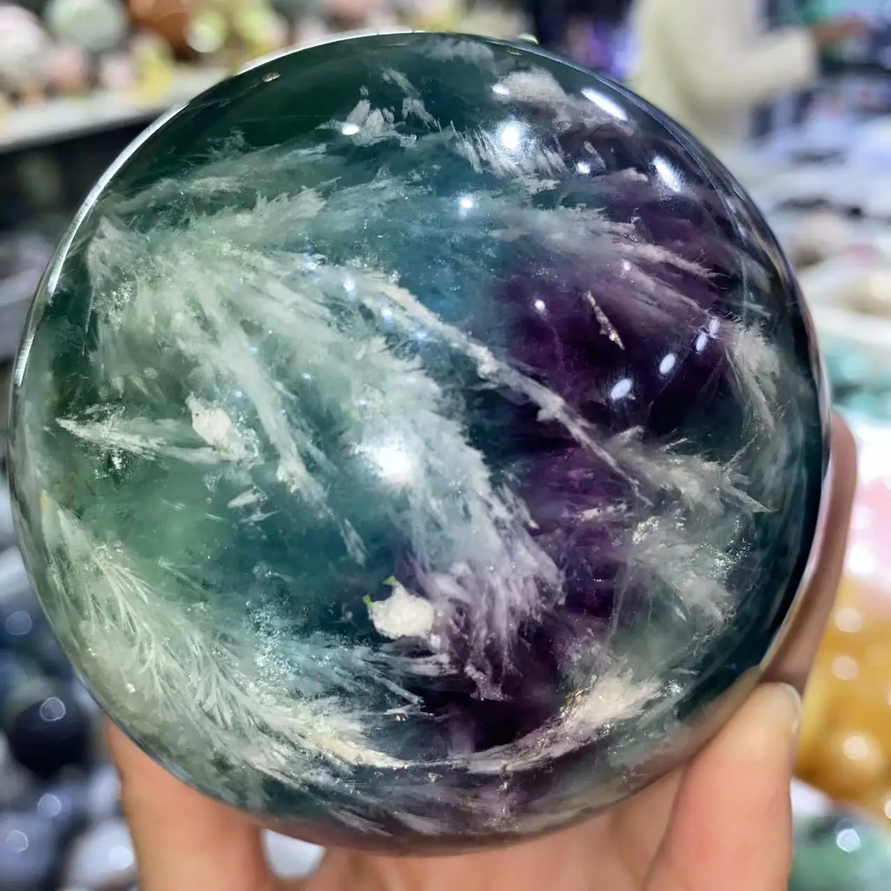 

Natural Feather Fluorite Crystal Energy Ball, Reiki Healing