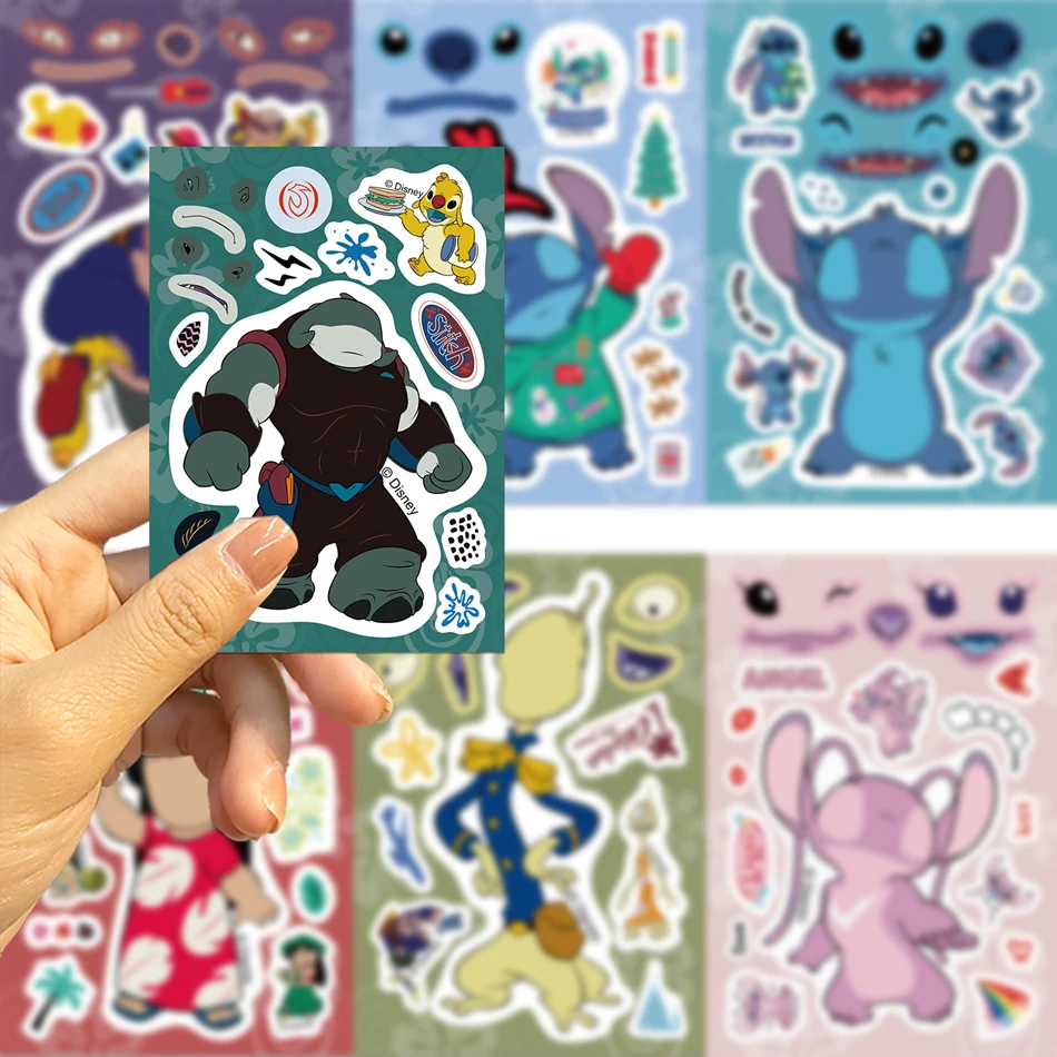 8 Vellen Disney Stitch Stickers Maken Een Gezicht Cartoon Puzzel Anime Schattige Kinderen Diy Speelgoed Grappig Assembleren Puzzel Kids Jongens Meisjes