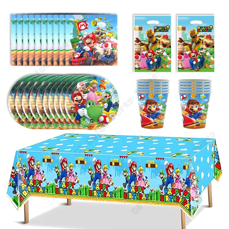 Super Mario Bros Birthday Decoration Party Supplies Tablecloth Baby Shower Paper Cup Plate Napkin Bag Kit Disposable Tableware