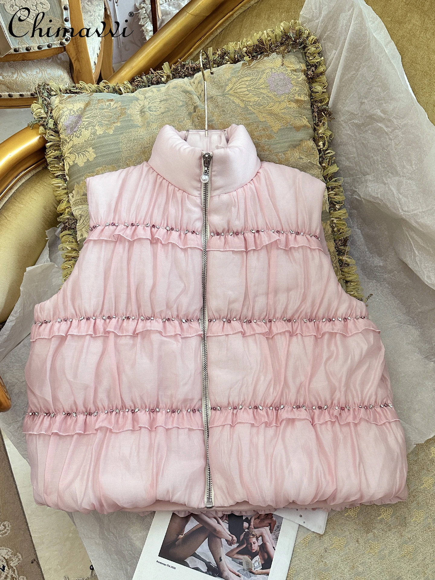 

Модный хлопковый жилет с воротником-стойкой, осенне-зимний новый тяжелый ремесленный милый жилет с рюшами и бисером, милый жилет для девочек, женские куртки