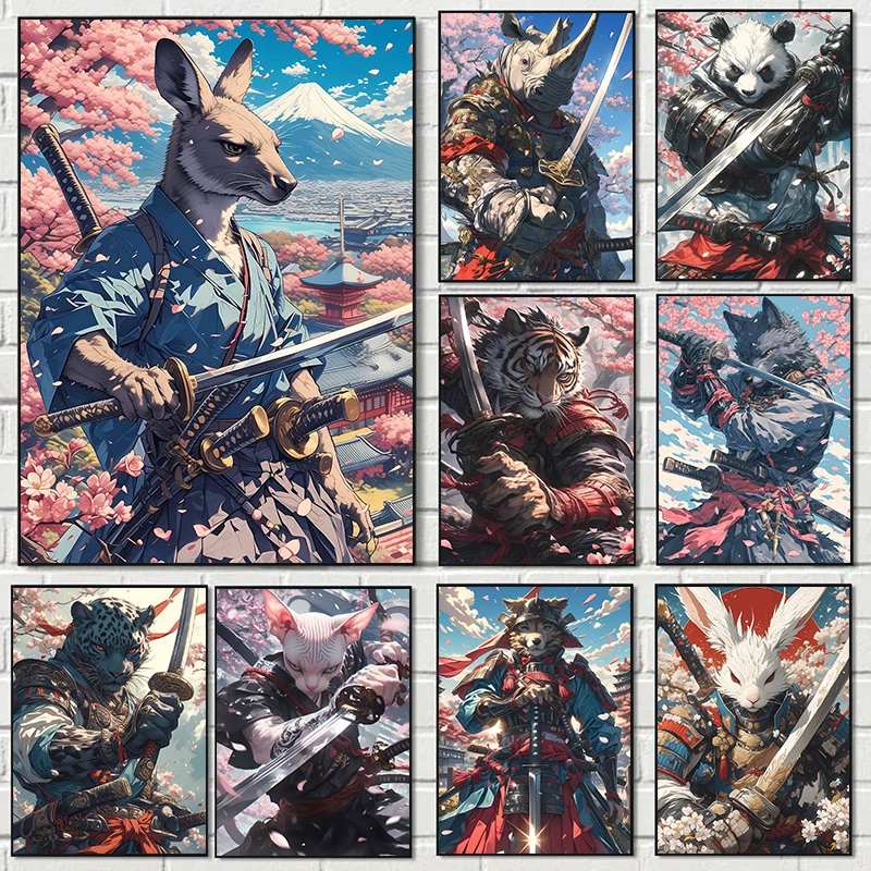 Póster abstracto bajo el cerezo, espada, guerrero, Animal, tigre, leopardo, samurái, pinturas en lienzo, imágenes artísticas de pared, decoración del hogar
