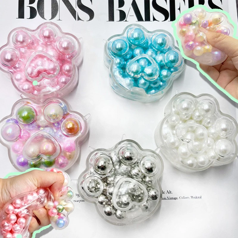Beads Filled Cat Paw Stress Ball Squishy ASMR Squeeze Toy Anti-stress Decompression Fidget Toy Party Favor Gift