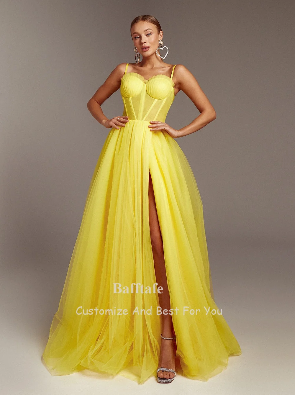 Bafftafe Yellow Tulle A Line Prom Dresses Slit Transpant Top Evening Special Occasion Gowns Women Formal Party Dress Customized