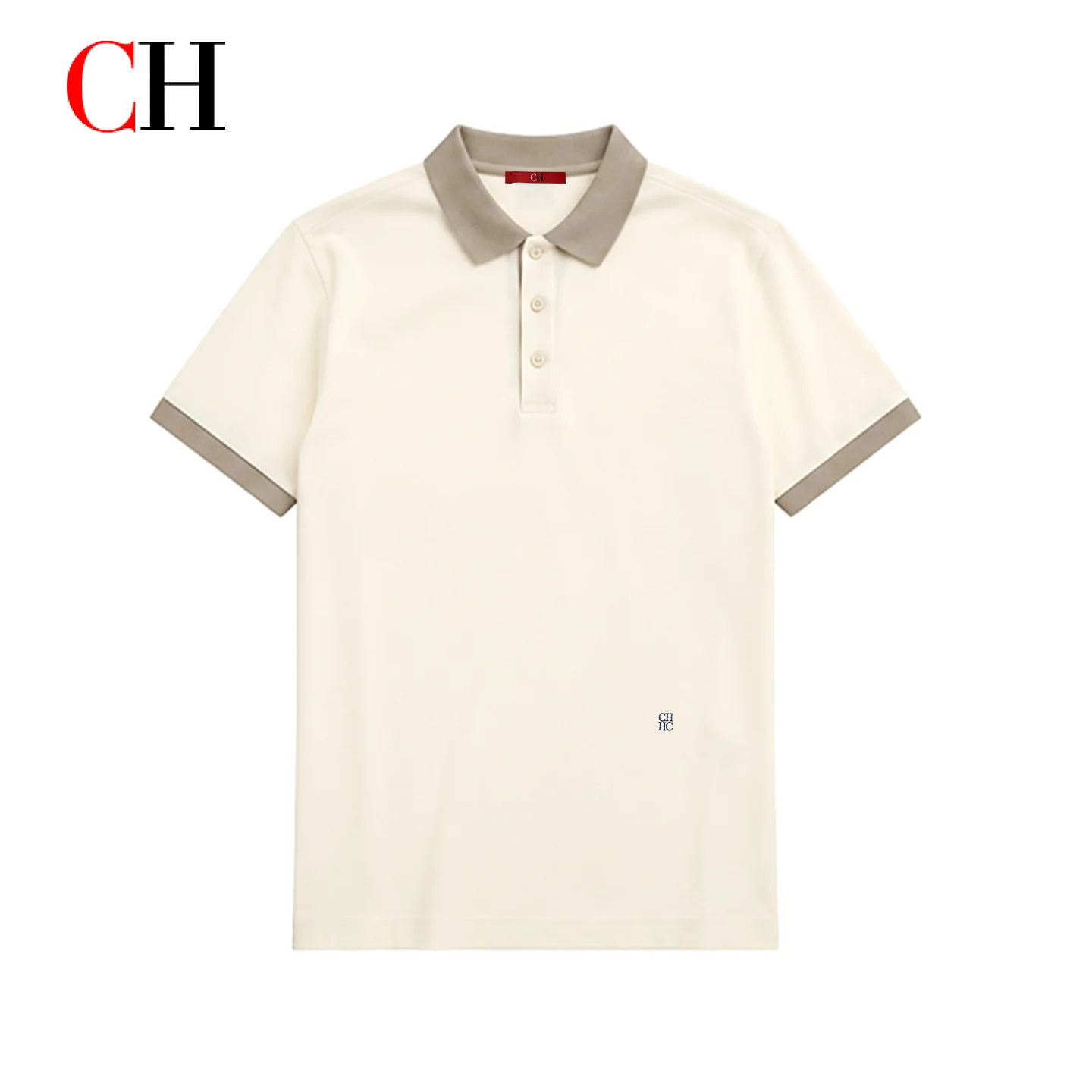 CH Men Classic Neutral Contrast Polo Shirt Short Sleeve Small Embroidery Lower Left Hem Minimalist Smart Casual Daily Outfit