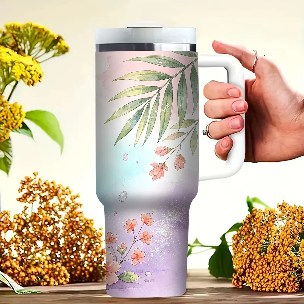 40Oz Insulated Tumbler with Handle, Featuring Pink Flamingo Floral Green Leaf Print, Suitable for Women, Fits Both Hot And Cold Drinks, Ideal for Daily Use, Outdoor Travel, And Indoor Office Scenes