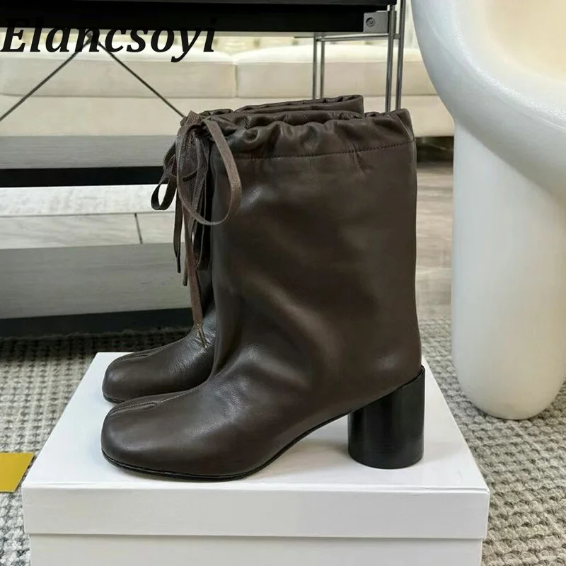 

Autumn Winter Wide Tube Lace Up Split Toe Short Boots Women Made Real Leather Round Heels Mid Calf Boot Fashionable Modern Boots