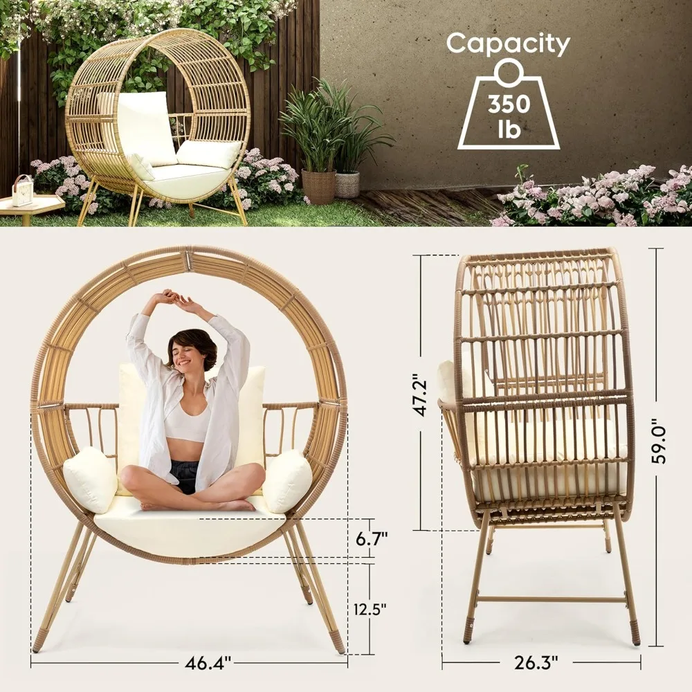 Outdoor Egg ChairIndoor Round Rattan Nest Chair with Stand, Easy Assembly Boho Chair for Living Room, Porch, Backyard