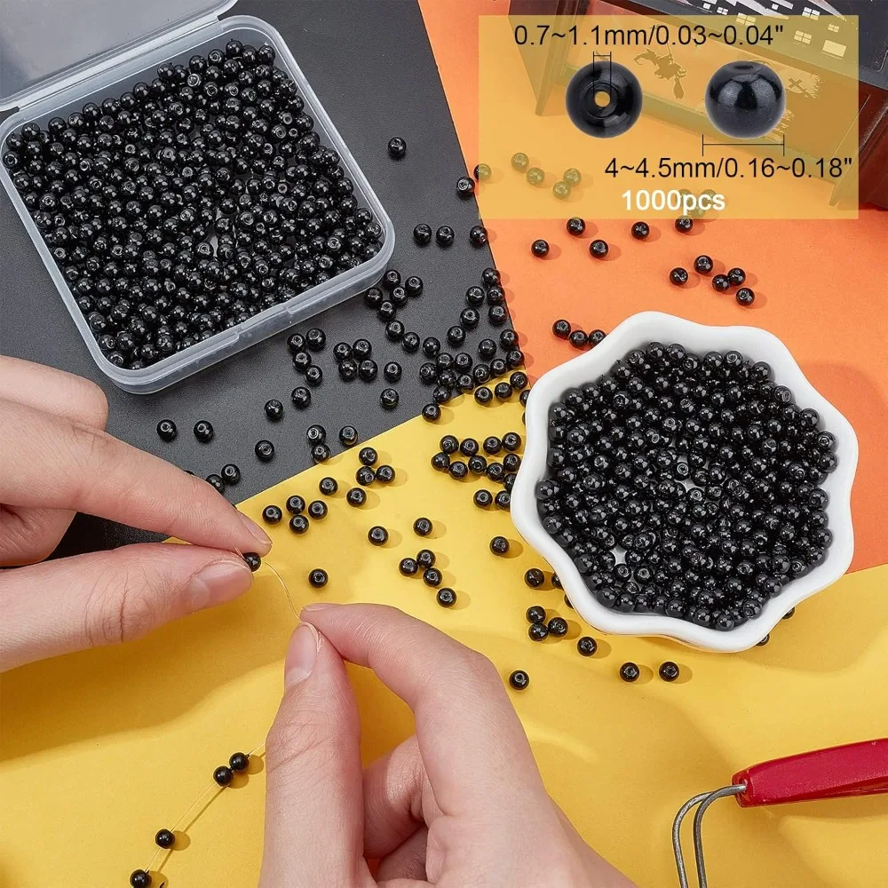 Black Glass Pearl Beads, 1000pcs 4mm Glass Pearl Beads Tiny Satin Luster Craft Bead Halloween Glass Beads for Earring Bracelet