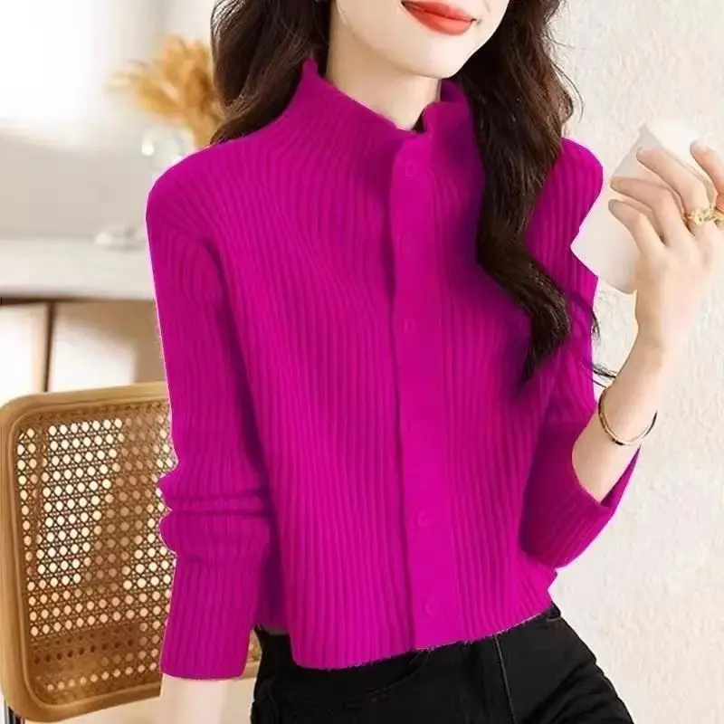 Otoño Invierno 2025 cárdigan tejido cómodo de manga larga para mujer suéter temperamento cuello medio alto Top de fondo femenino