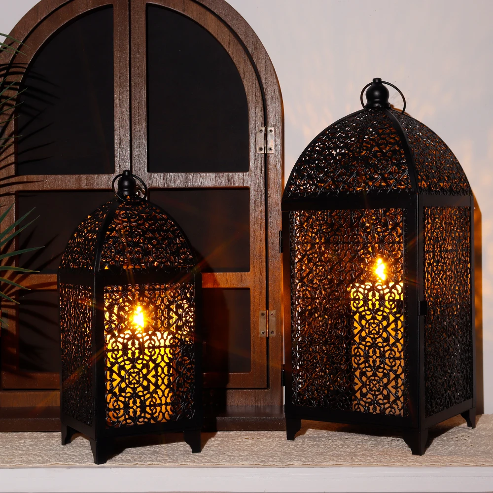 2Pcs Metal Candle Holder Black Vintage Candle Lantern Decorative Hanging Lantern with Hollow Pattern for Party Garden Home Decor