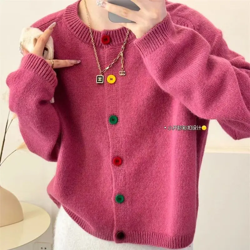 Japanese Sweet and Fresh Round Neck Colorful Button Knitwear Coat Academy Style Western Versatile Sweater Women's Cardigan