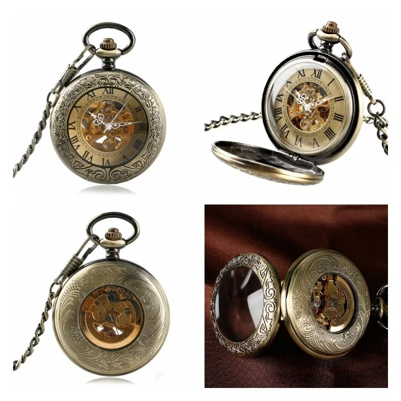 Relojes de bolsillo mecánicos, relojes de bolsillo para hombres, con tapa de cadena, cubierta transparente retro tallada, relojes de bolsillo para hombres y mujeres.