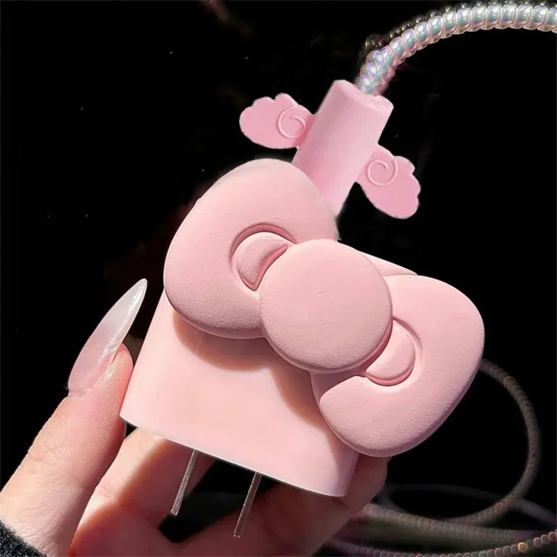 Korea Cute Pink Bow Soft Silicone Charger Cover For IPhone  13 14 15 18 20W Charge Protection Cover Charger Sleeve Accessories