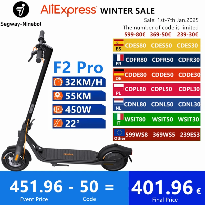 EU Stock Original Ninebot By Segway F2 Pro Smart Electric Scooter 450W Motor 32KM/H Max Speed 55KM Range F Series Kickscooter