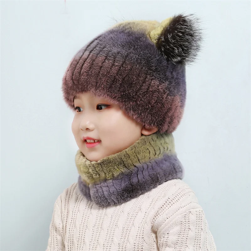 

Male And Female Children's Winter Rex Rabbit Fur Hat Thickened Warm Knitting Plush Children's Hat Ear Cap Children's Scarf Hat