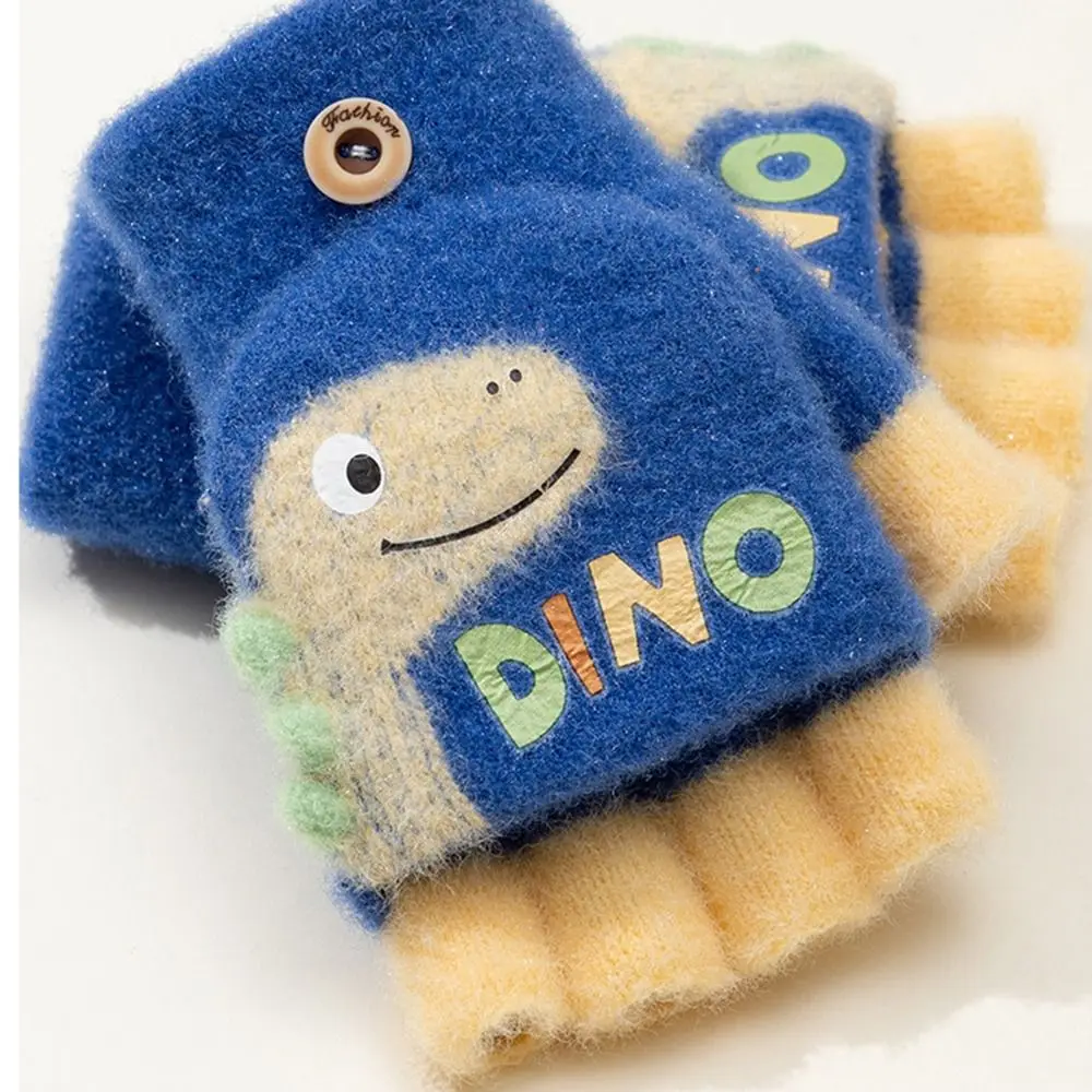 Cute Warm Child Gloves Thickened Knitted Half Finger Flip Gloves Dinosaur Mittens