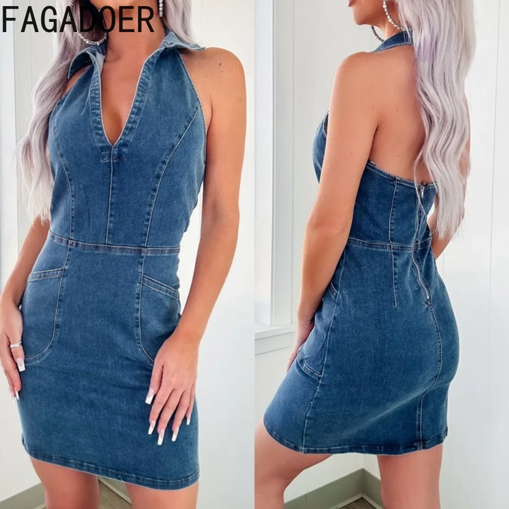 

FAGADOER Summer New Denim Halter Deep V Bodycon Mini Dresses Women Sleeveless Slim Pocket Vestidos Fashion Female Jean Clothing