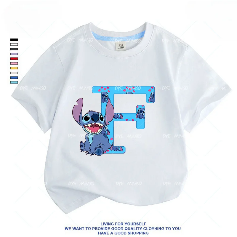 White Melody Anime Stitch Letter ABC Children's Short-sleeved New Sanrio Summer Kawaii  T-shirt Clothes Girly Heart Soft Clothes