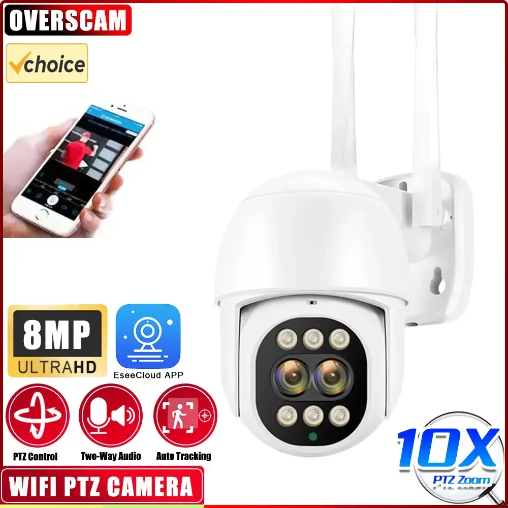 8MP 4K WiFi Security Cameras Dual Lens 10X PTZ Zoom Outdoor PTZ Video Cam Auto Tracking  IP66 Waterproof CCTV Surveillance Cam