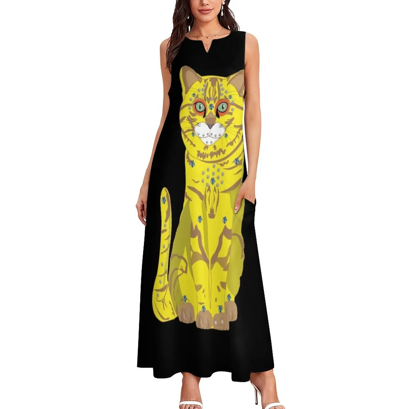 65 MCMLXV Bejeweled Yellow Disco Cat Print Long Dress women's summer dresses 2025 Long dress Dress