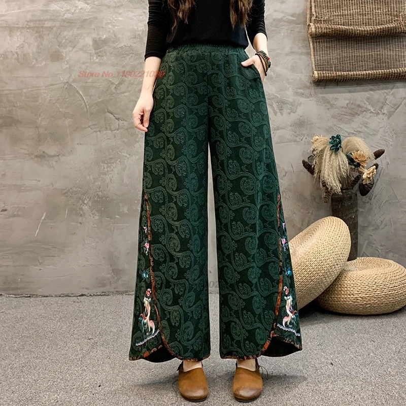 2025 chinese vintage pants national flower embroidered loose pants traditional elastic waist cotton linen jacquard folk trousers