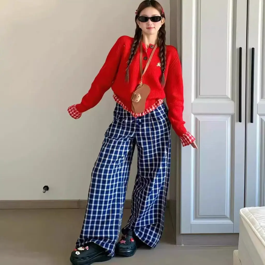 

Women's Korean-Style Fake Two-Piece Red Plaid Knitted Cardigan Short Cardigan Sweater Coat for Autumn And Winter