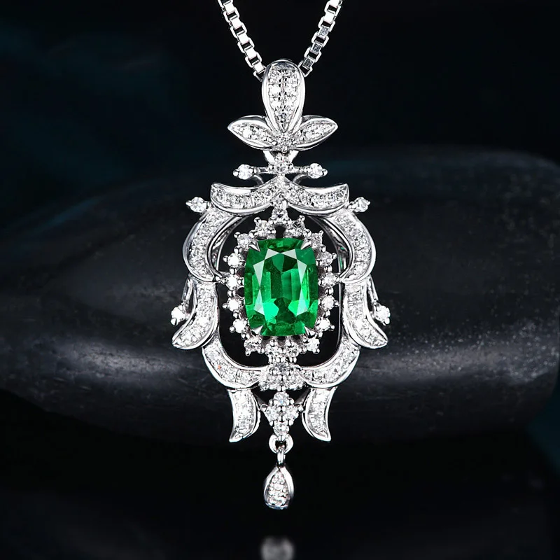 Vintage Carving Emerald Princess Square Diamond Pendant Necklaces for Women 925 Sterling Silver Luxury Wedding Choker Jewelry