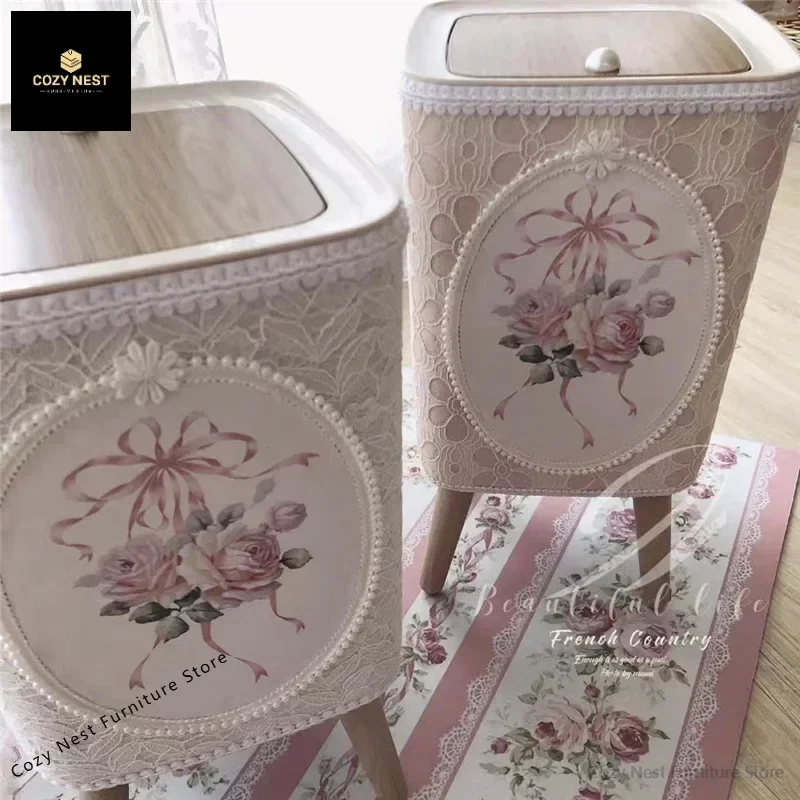 Retro Lace Storage Bucket Home Decor Livingroom Kitchen Diningroom Large Capacity Trash Can Press Lid Roses Storage Bucket