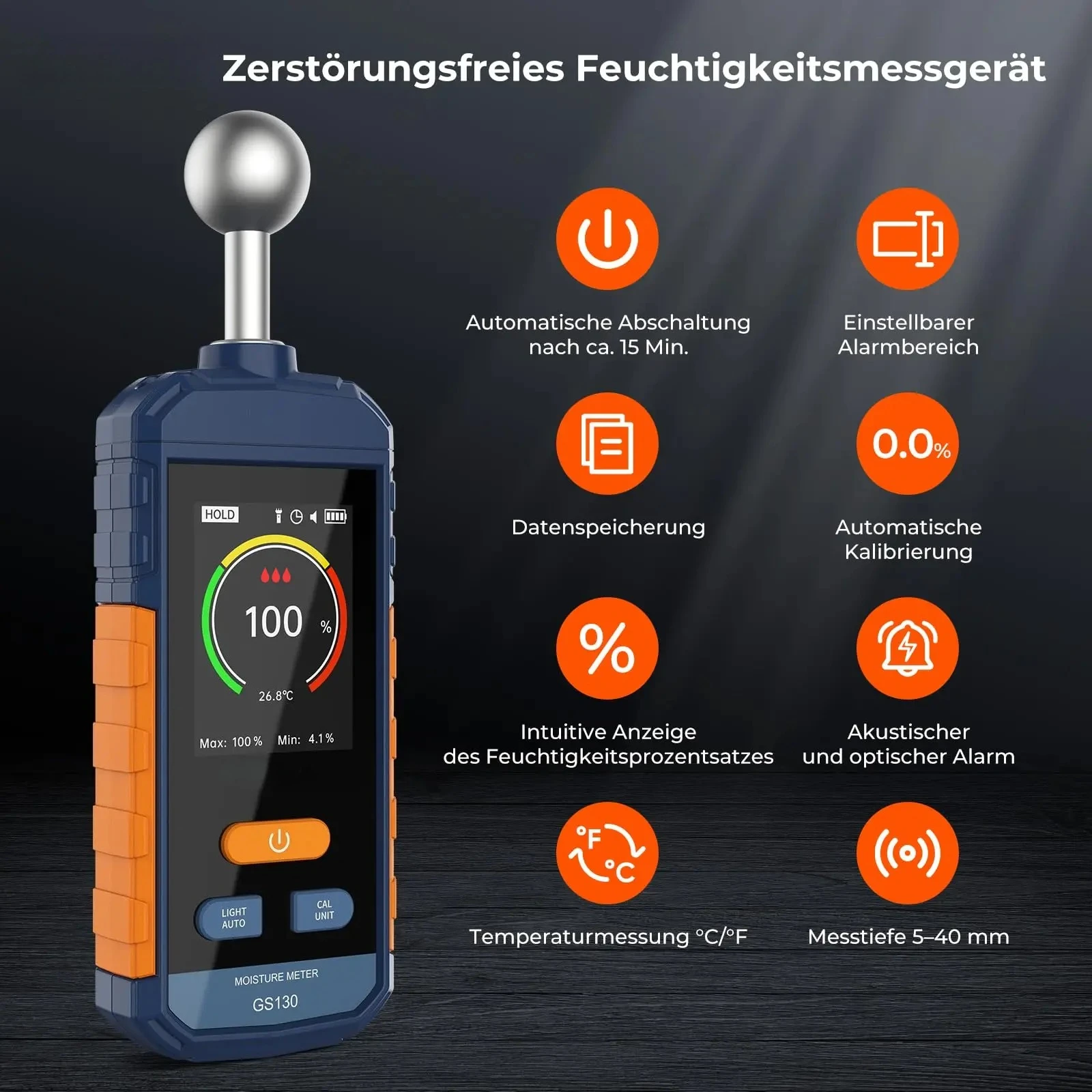 GS130 Digital Wood Moisture Meter Non-destructive Spherical Timber Damp Detector LCD Screen Hygrometer Alarm Humidity Tester