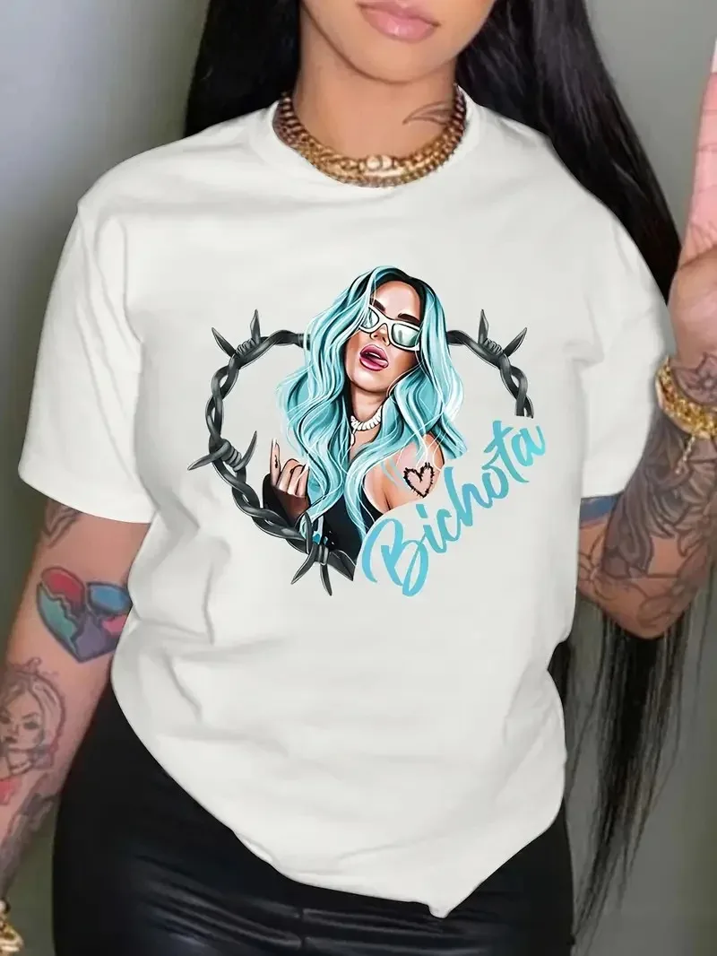 

Bichota Printed Crew Neck T-Shirt Summer Cotton Casual Short Sleeve Shoulder Top European and American Outdoor Women's T-Shirt
