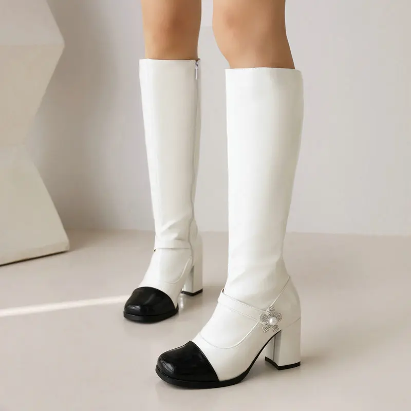 Black White Contrast Color Sweet Korean Womens Winter Shoes Block High Heels With Flower Decoration Knee-high Snow Boots Size 11