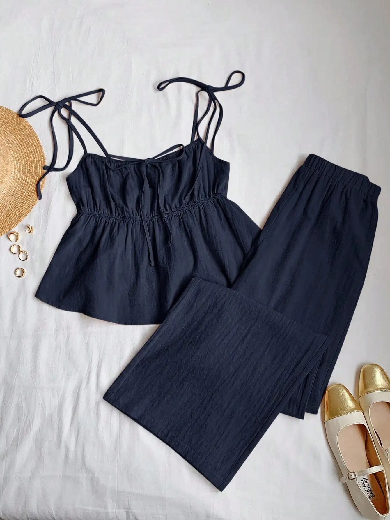 

Navy Blue Linen Camisole And Wide Leg Trousers Set Casual Summer Outfit