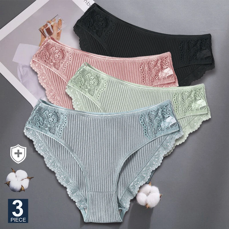 FINETOO 3PCS/Set M-XXL Cotton Underwear Women\'s Panties Comfort Underpants Floral Lace Briefs For Woman Sexy Low-Rise Intimates