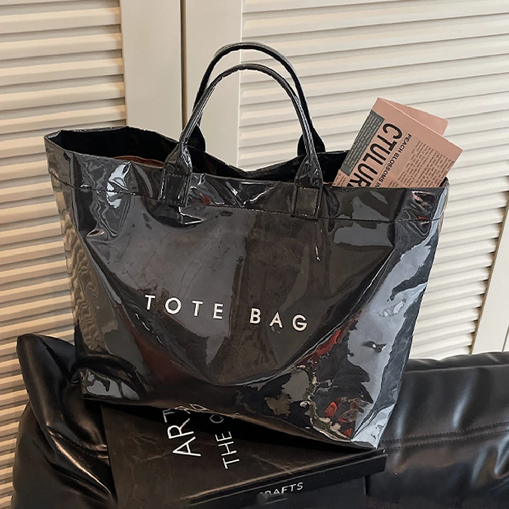 

Vintage Women Pvc Tote Bag Letter Print Large Capacity Solid Waterproof Shopping Bag Lady Casual Versatile Underarm Shoulder Bag