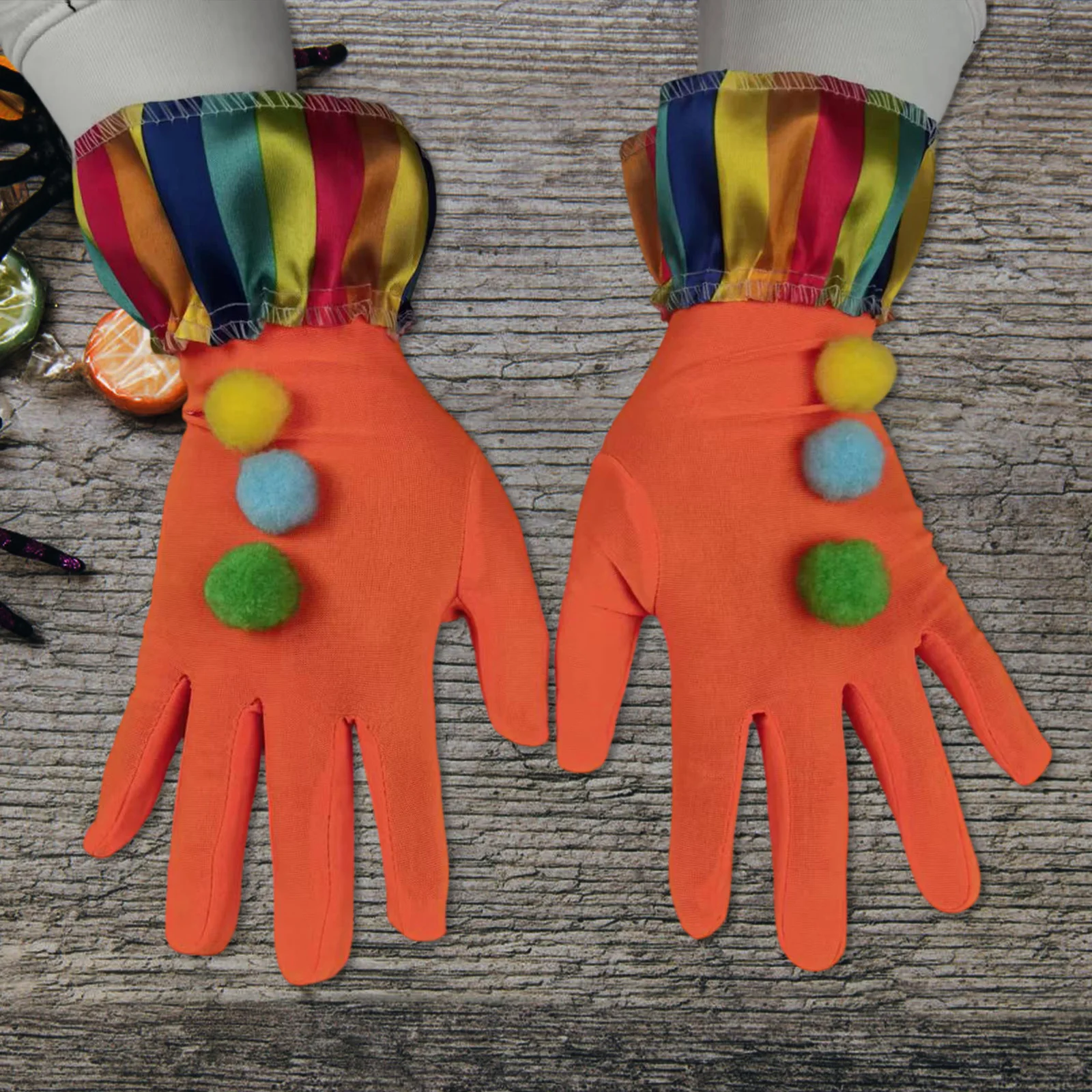 Luvas de palhaço laranja para adultos, carnavais de Halloween, luvas engraçadas de cosplay com decoração de bola de pelúcia