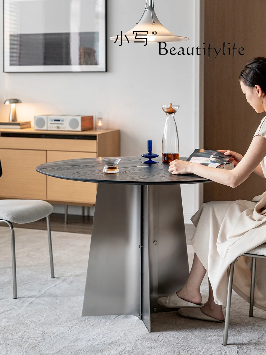 Modern simple round table solid wood dining table small apartment household  black retro table