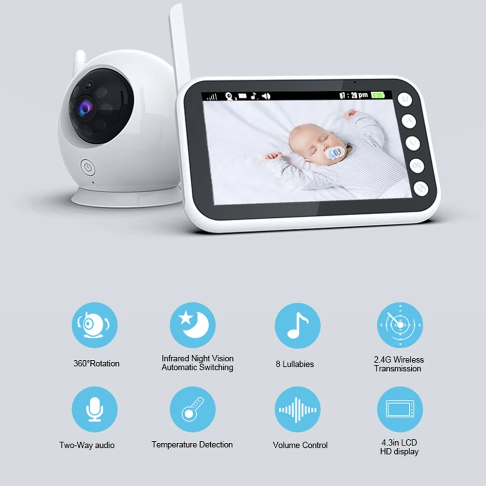 Video Baby Monitor, Baby Caregiver, 4.3 Inch IPS Screen Baby Camera Monitor Lullaby Feeding Alert Durable Easy To Use , EU Plug